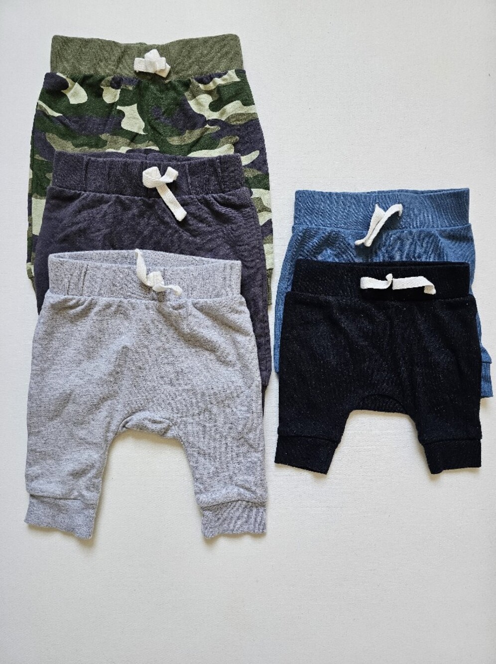 5-pk Casual Drawstring Pants Sz NB-3M in Black Blue Camo Grays